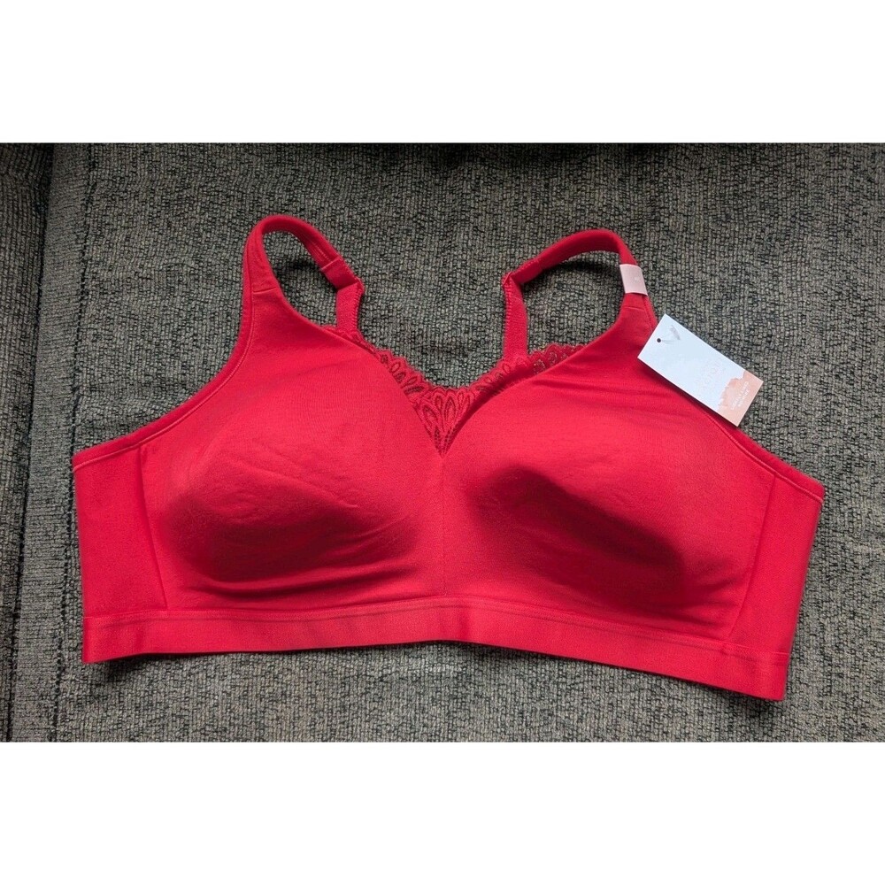 CACIQUE LANE BRYANT RED LIGHTLY LINED NO-WIRE BRA SZ 46C LACE